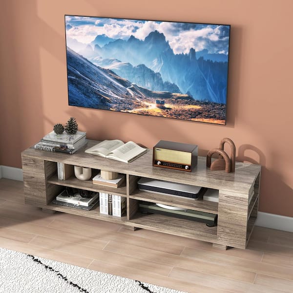FORCLOVER Gray Wood TV Stand with 8-Open Shelves Fits TVs up to 65 in. Flat Screen