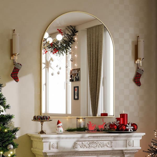 30 in. W x 40 in. H Modern Arched Gold Aluminum Alloy Framed Wall Mirror