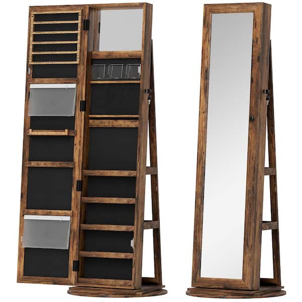 Jewelry Cabinet, 360° Swivel, Standing Jewelry Box with Full-Length Mirror, Brown