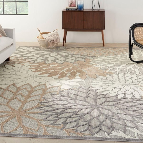 Aloha Natural 9 ft. x 12 ft. Floral Contemporary Indoor/Outdoor Patio Area Rug