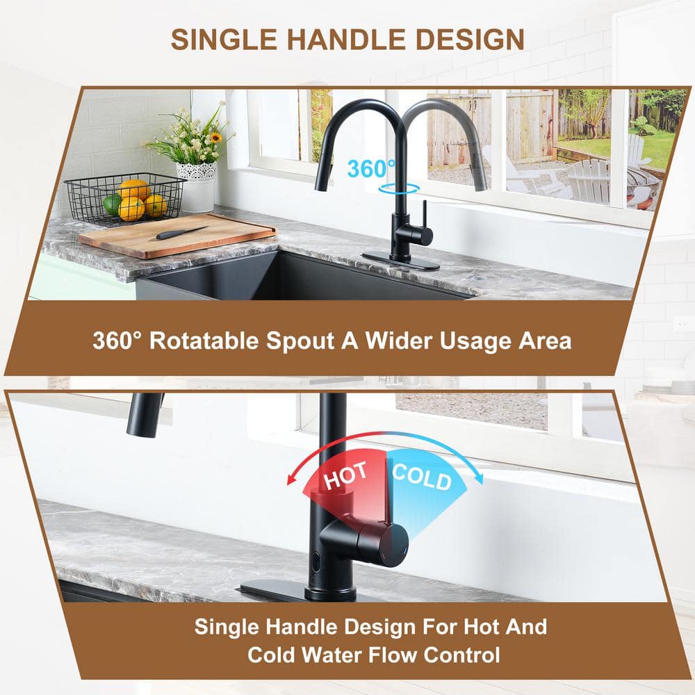 Matte Black Stainless Steel Touchless Kitchen Faucet with Pull-out Spray