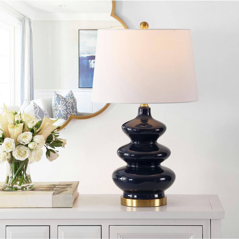 Navy Ceramic Triple Gourd Table Lamp with White Shade