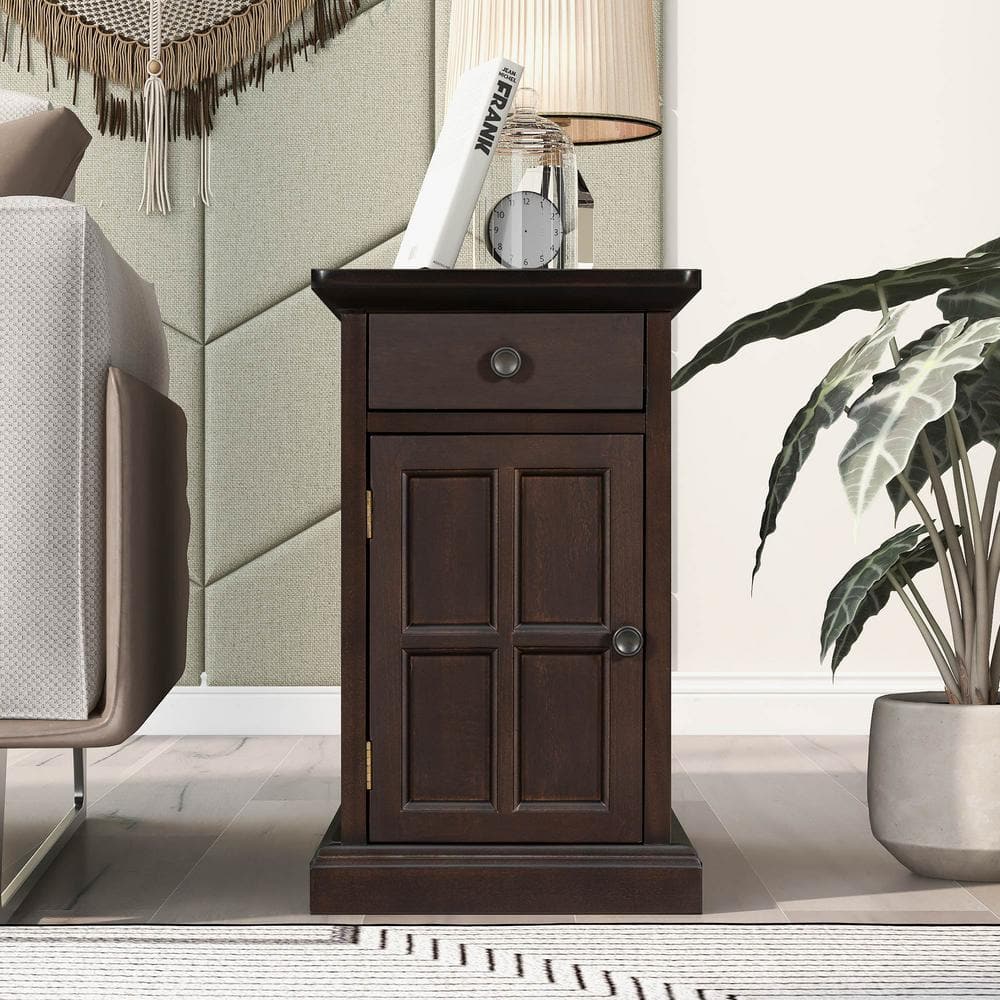 24 in. Walnut Rectangle Wood End Table with USB Ports and 1-Drawer w/Cup Ho