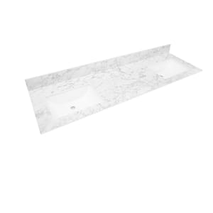 73 in. W x 22 in. Vanity Top in Volakas Marble with White Rectangular Double Sinks and Single Hole for Faucet