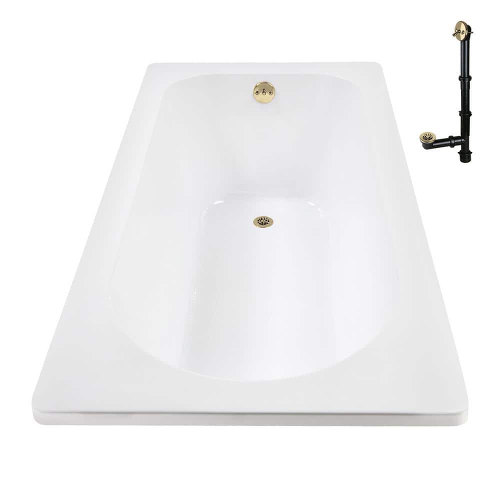 72" x 36" Glossy White Acrylic Soaking Drop-In Bathtub with Polished Brass Drain