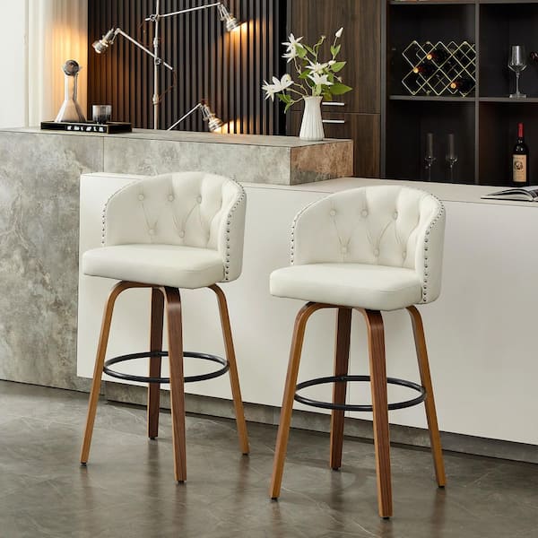 28 in. Off-white Faux Leather Upholstered Wood Frame Swivel Bar Height Bar Stool (Set of 2)