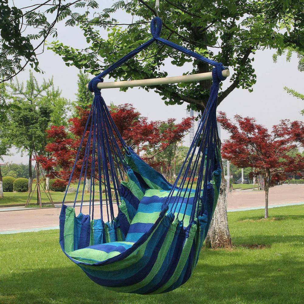 Blue and Green Striped Hanging Hammock Chair with Cushions