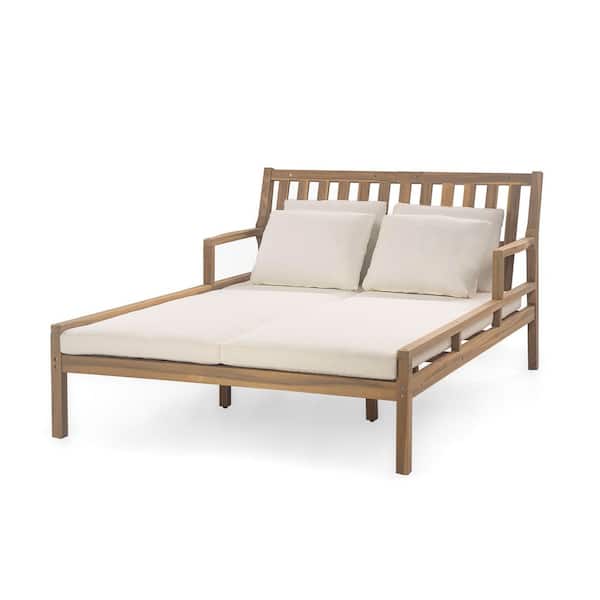 1-Piece Light Teak Wood Outdoor Patio Daybed Loveseat with Beige