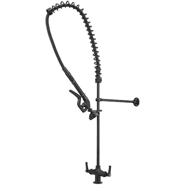 Commercial Restaurant Double Handles Deck Mount ShelfMaster Pre-Rinse Pull Down Sprayer Kitchen Faucet in Matte Black