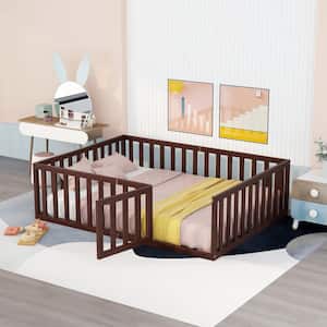Full Size Wood Daybed Frame with Fence, Full Floor Bed with Door for Toddlers Kids, Box Spring Needed, Walnut