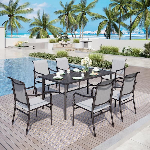 PHI VILLA Black 7-Piece Metal Patio Outdoor Dining Set with Rectangle Table and Gourd-shaped Design Textilene Chairs