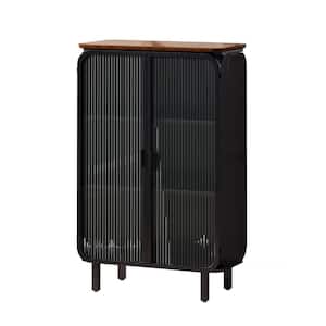 14.37 in. W x 28.35 in. D x 44.49 in. H Black and Brown Linen Cabinet with 2-Glass Doors, Unique Fir Cabinet Top