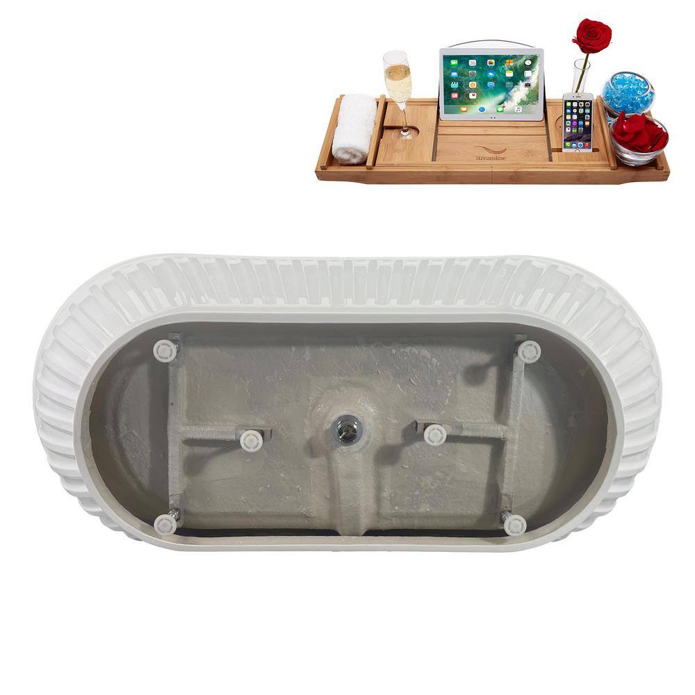 67" Glossy White Acrylic Freestanding Soaking Bathtub with Bamboo Tray
