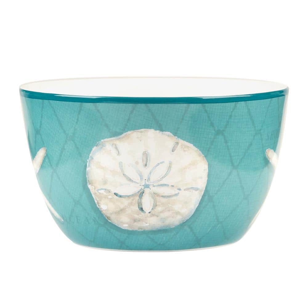 Ocean View Teal and Cream Ceramic Dessert Bowls, Set of 4