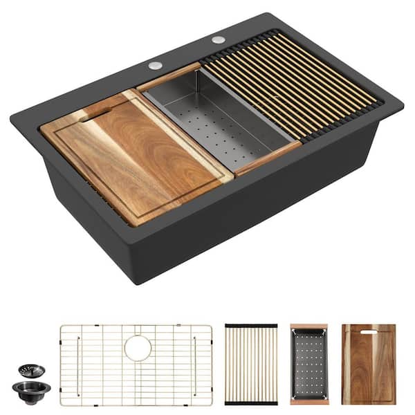 33 in. Matte Black Durable Quartz Granite Composite Kitchen Sink-Drop-In Workstation Single Bowl with Accessories