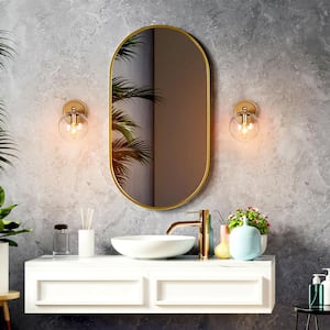 Transitional Globe Bathroom Wall Sconce Light 1-Light Brass Gold Powder Room Round Wall Light with Clear Glass Shade