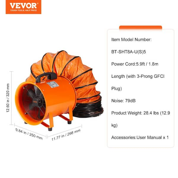 VEVOR Portable Ventilator 8 in. Heavy Duty Blower Fan with 16.4 ft 