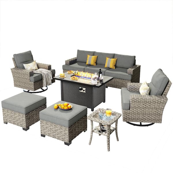 Kelleys 9-Piece Wicker Modern Outdoor Patio Conversation Sofa Set with a Fire Pit, Swivel Chairs and Dark Grey Cushions