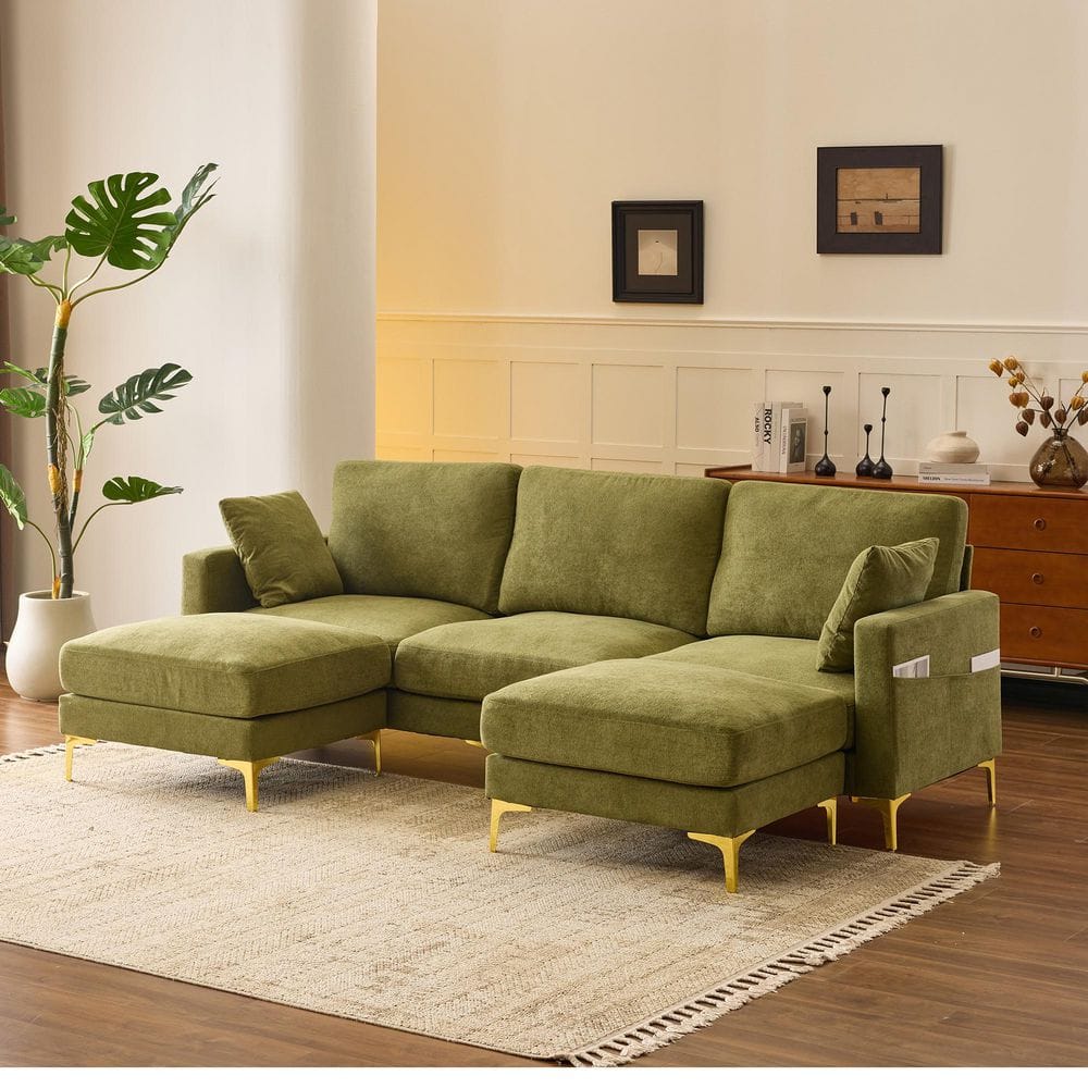 Gold Leg's Collection 100 in. Square Arm Chenille U-Shaped Sofa in Green with Side Storage