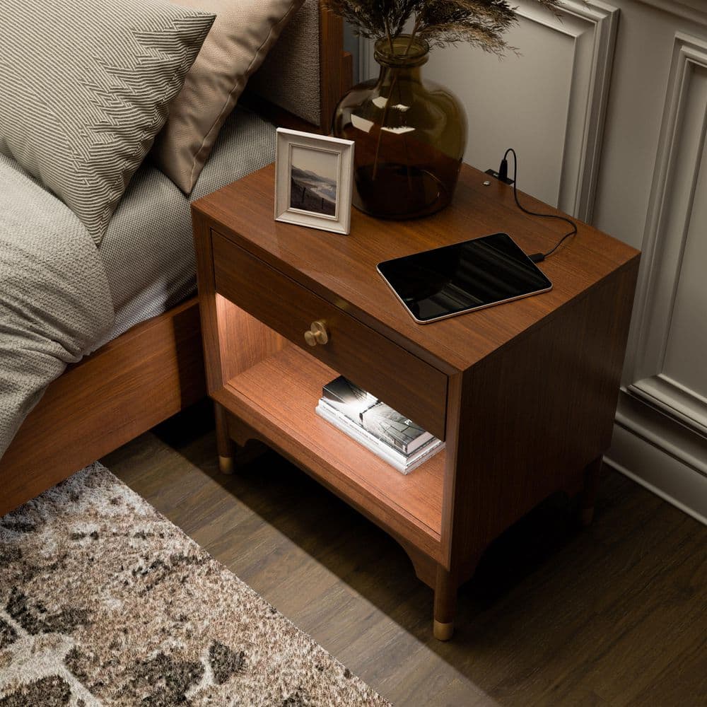 Mid-Century Walnut Nightstand with Gold Accents and LED Light