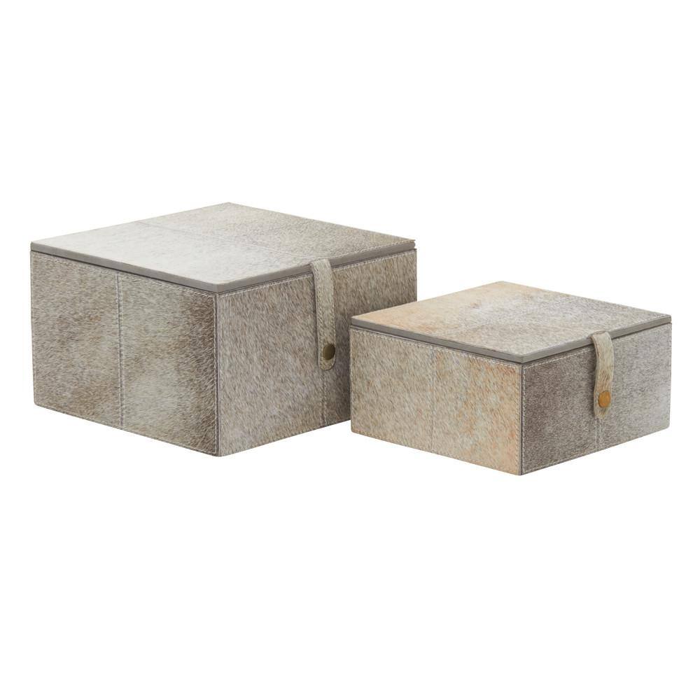 Gray Leather Hide Lidded Storage Boxes with Dividers