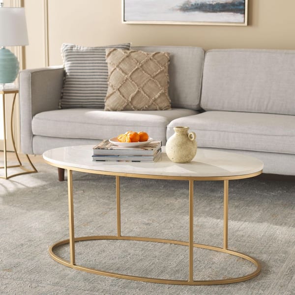 Tage 39 in. White/Gold Round Marble Coffee Table