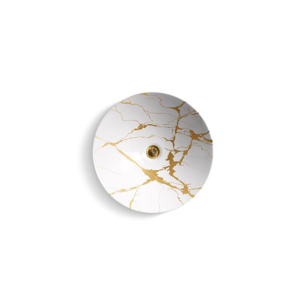 Aureus White and Gold Ceramic Semi-Recessed Vessel Sink