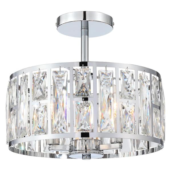 Modern 12 in. 3-Light Chrome Semi-Flush Mount with Clear Crystal Shade