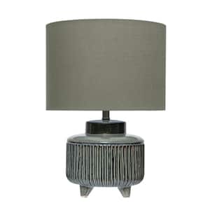 17.7 in. Reactive Glaze Footed Debossed Stoneware Table Lamp with Olive Green Linen Shade