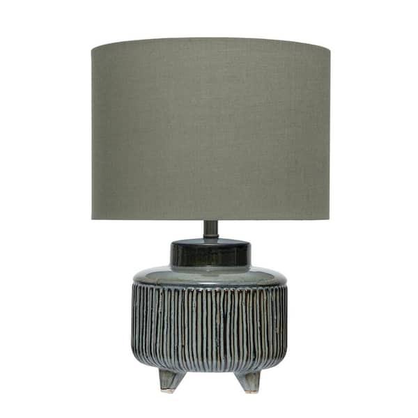 Storied Home 17.7 in. Reactive Glaze Footed Debossed Stoneware Table Lamp with Olive Green Linen Shade