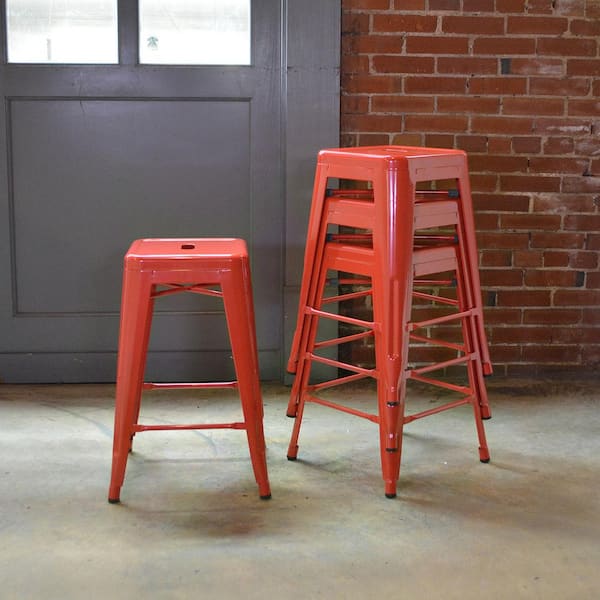 Loft Style 24 in. Stackable Metal Bar Stool in Orange (Set of 4)
