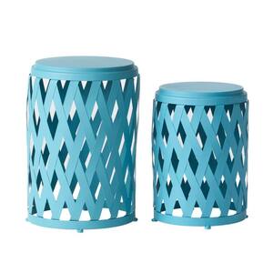 2-Piece Blue Iron Small and Large Lattice Design Patio Side Tables Modern Furniture for Backyard and Garden Decor