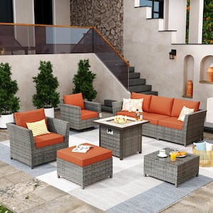 Fontainebleau Gray 8-Piece Wicker Outerdoor Patio Fire Pit Set with Orange Red Cushions and Swivel Rocking Chair
