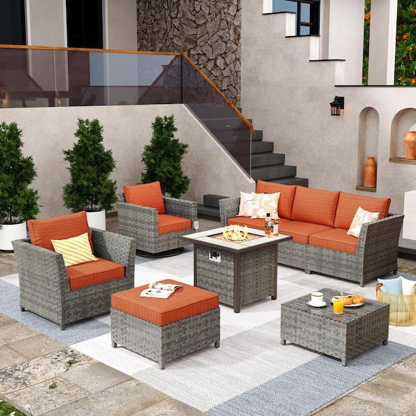XIZZI Fontainebleau Gray 8-Piece Wicker Outerdoor Patio Fire Pit Set with Orange Red Cushions and Swivel Rocking Chair