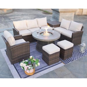 Isabella Simmons 7-Piece Wicker Patio Conversation Set with Fire Pit and Beige Cushions