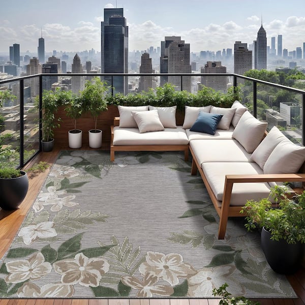 Eden  8 ft. x 10 ft. Green Washable Border Floral Indoor Outdoor Area Rug