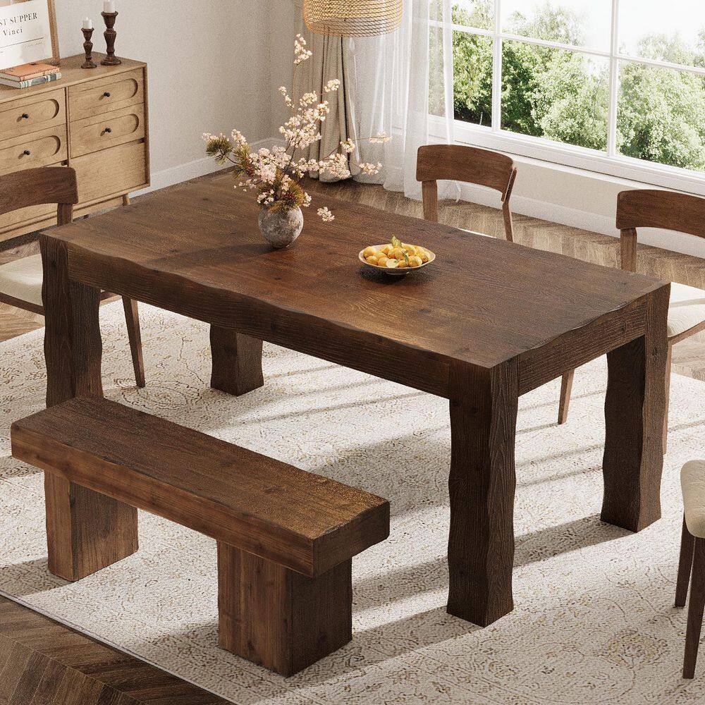 Roesler Dark Brown Solid Wood 63 in. 4 Legs Dining Table Seats 4-6, Rectangle Farmhouse Table for Dining Room Kitchen