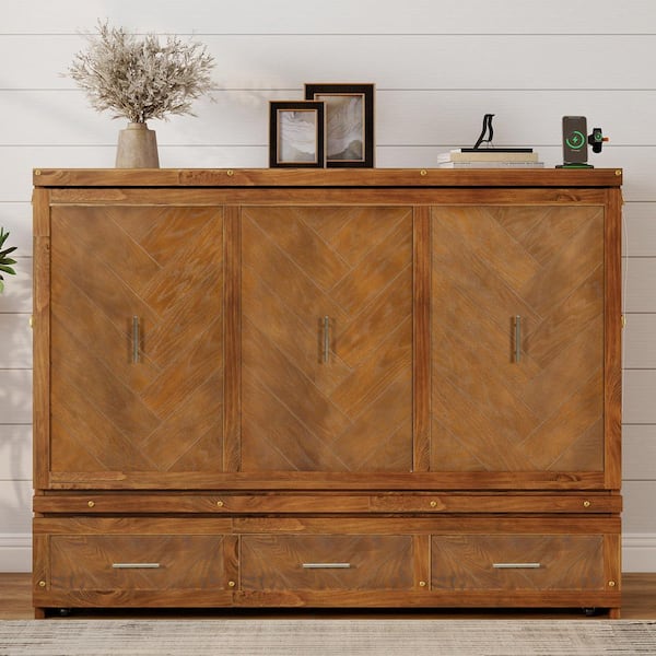 Irka Brown Wood Frame Queen Size Murphy Bed with Built-in USB Charging Station