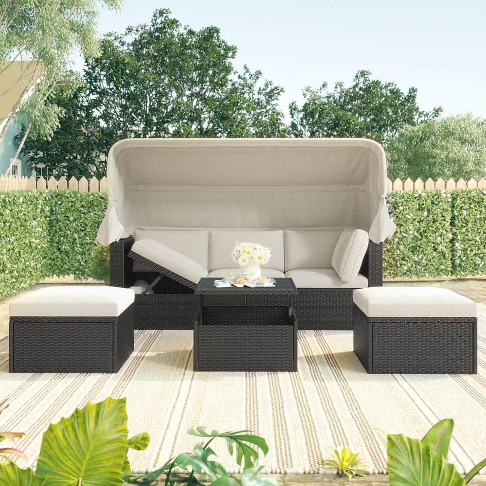 Wicker Outdoor Day Bed with Beige Cushions, Patio Rectangle Daybed with Ret