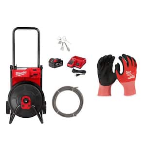 M18 18 Volt Lithium Ion 3/8 in. x 75 ft. Cable Cordless Drain Cleaning Drum Machine Kit w/Large Cut 1 Work Gloves (3PK)