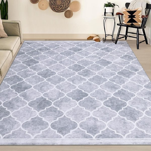 Vintage Gray, 10 ft. x 13 ft. Grid Printed Rug Low Pile Non-Slip Carpet Washable Home Decor Area Rug