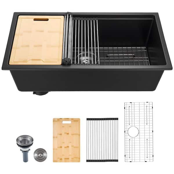 16 Gauge Black Quartz 33 in. x 19 in. Drop-In Bar Sink with Drain Set, Roll-Up Rack