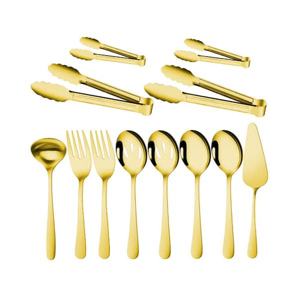 Gold Stainless Steel Serving Utensil Set 12 Pieces Large Spoons Forks Tongs Ladle Pie Server for Buffet Catering