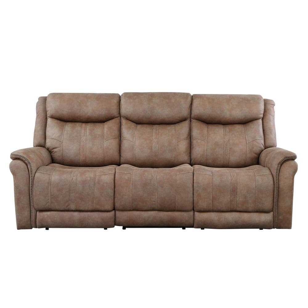 Camel Faux-Suede Power Reclining Sofa with Nailhead Trim