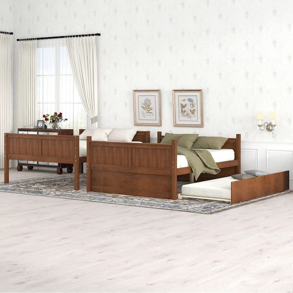 Walnut Full Over Full Bunk Bed for Kids Teens, Detachable Wood Full Bunk Bed Frame with Twin Size Trundle