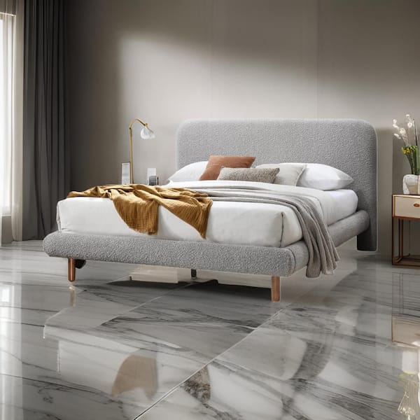 Benjara Damazy Gray and Brown Composite Wood Frame King Platform Bed with Upholstered Headboard