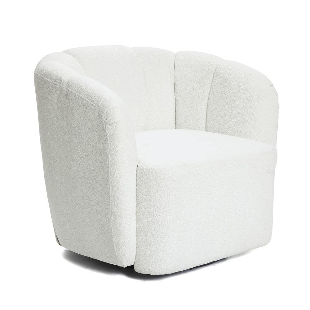 Ivory Boucle Swivel Barrel Accent Chair with Floral Backrest