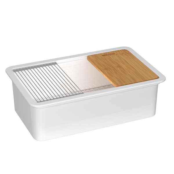 Zeafive Wac 33 in. Workstation Kitchen Sink Apron Front Fireclay Farmhouse Sink Single Bowl Modern Farm Sink with Accessories