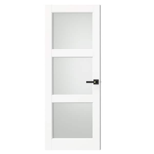 32 in. x 80 in. MDF Composite, Primed, White, 3-Lite, Frosted Glass Interior Door Slab With Black Lever Handle