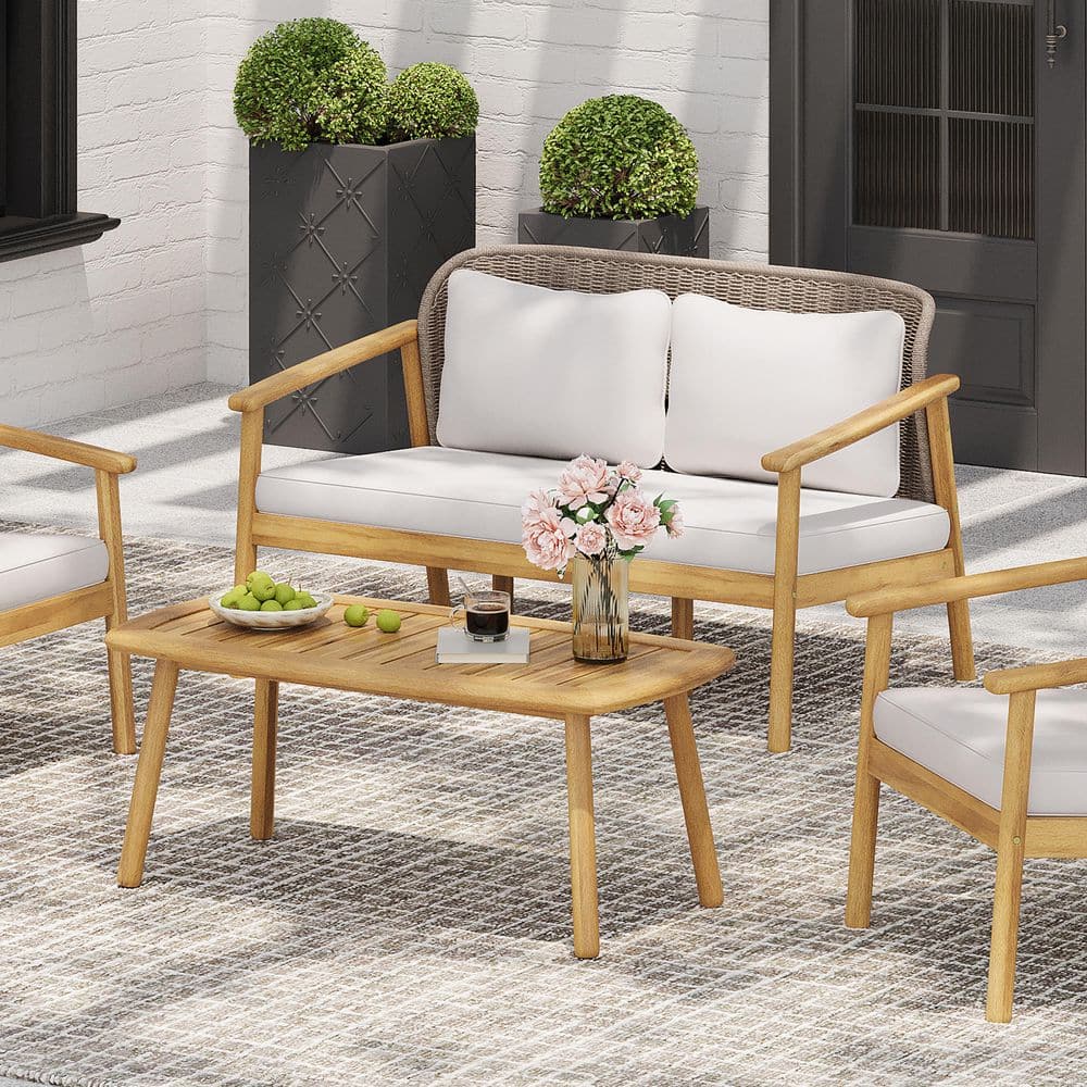 Orbit 2-Piece Acacia Wood Outdoor Patio Conversation Set with Beige Cushions, Light Teak price history on PriceWatchPro